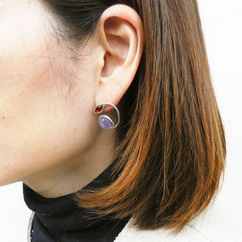 シルバーピアス：琥珀×アメジスト