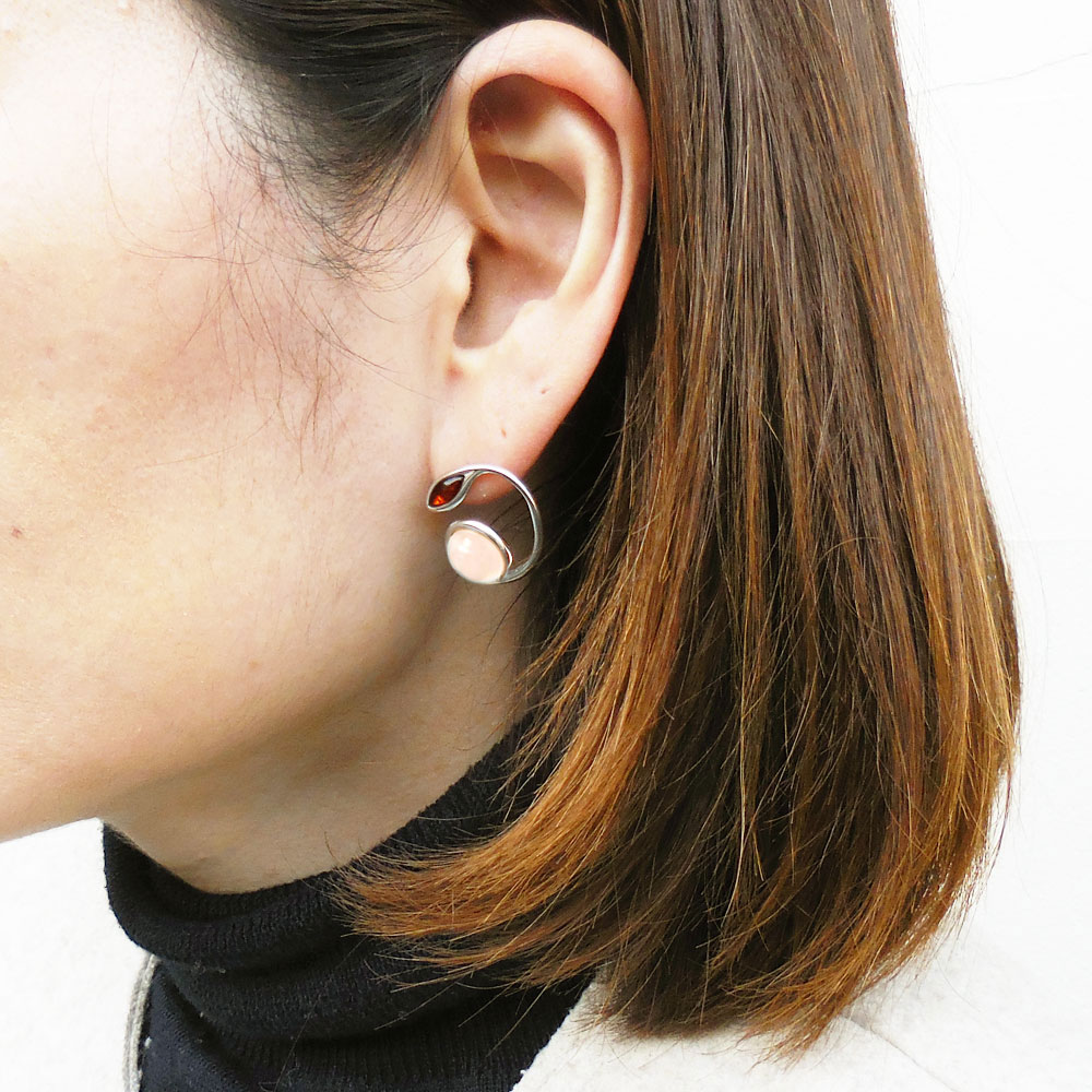 シルバーピアス：琥珀×ローズクォーツ
