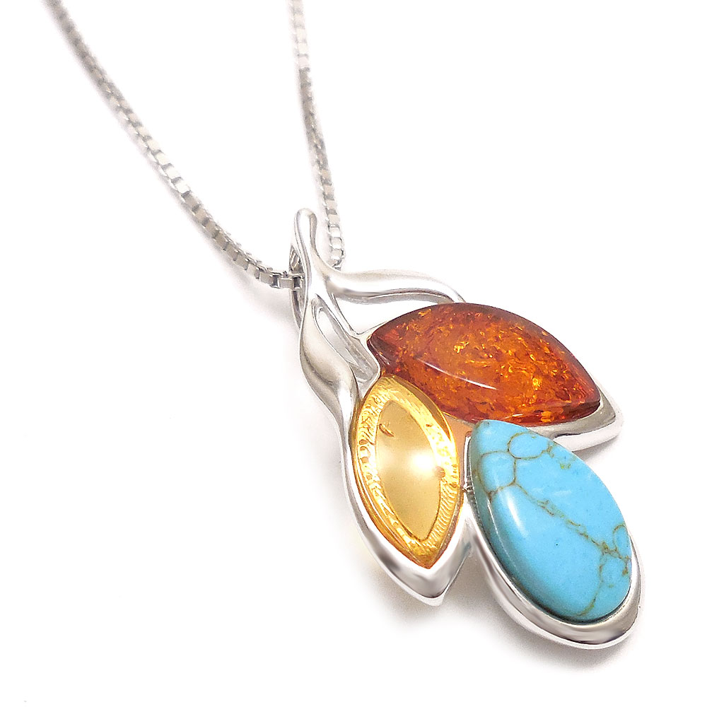 シルバーペンダントネックレス：リーフ：アンバー：ターコイズ