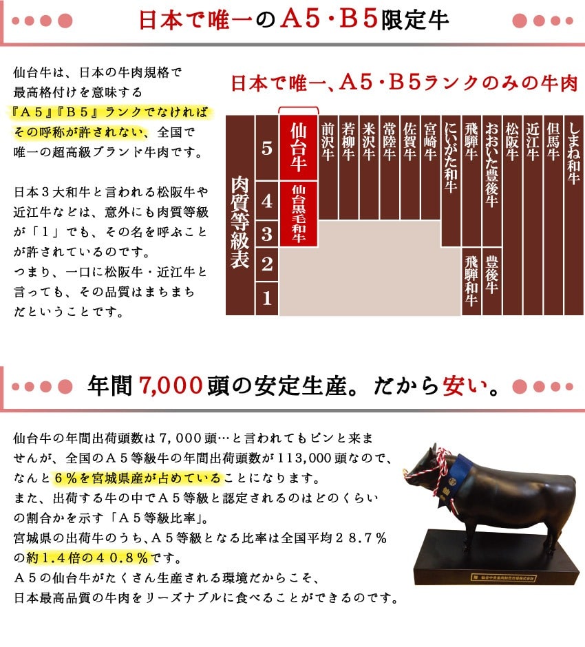 日本で唯一のA5・B5限定牛。年間7,000頭の安定生産。だから安い。