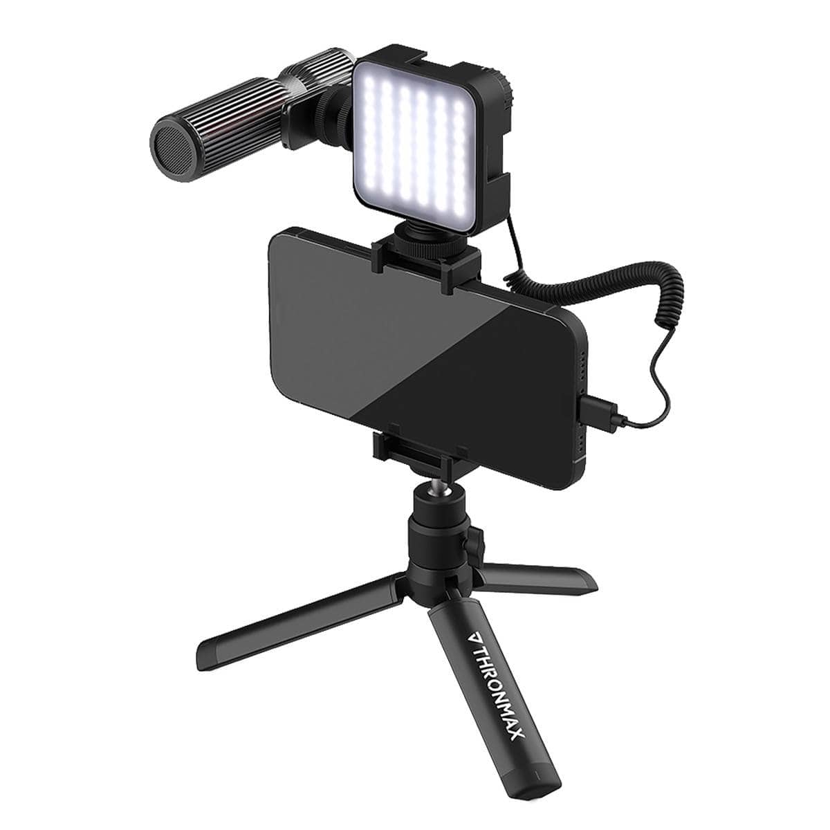 ＜特価価格！＞ THRONMAX[スロンマックス] STREAMMIC Pro Vlogger Kit マイクロフォン ストリームマイク プロ ブロガー キット コンパクト マイクセット スマホ&カメラ対応 スタンド/LEDライト付き 3脚スタンド 軽量 使いやすい (MG-C1P) ブラック