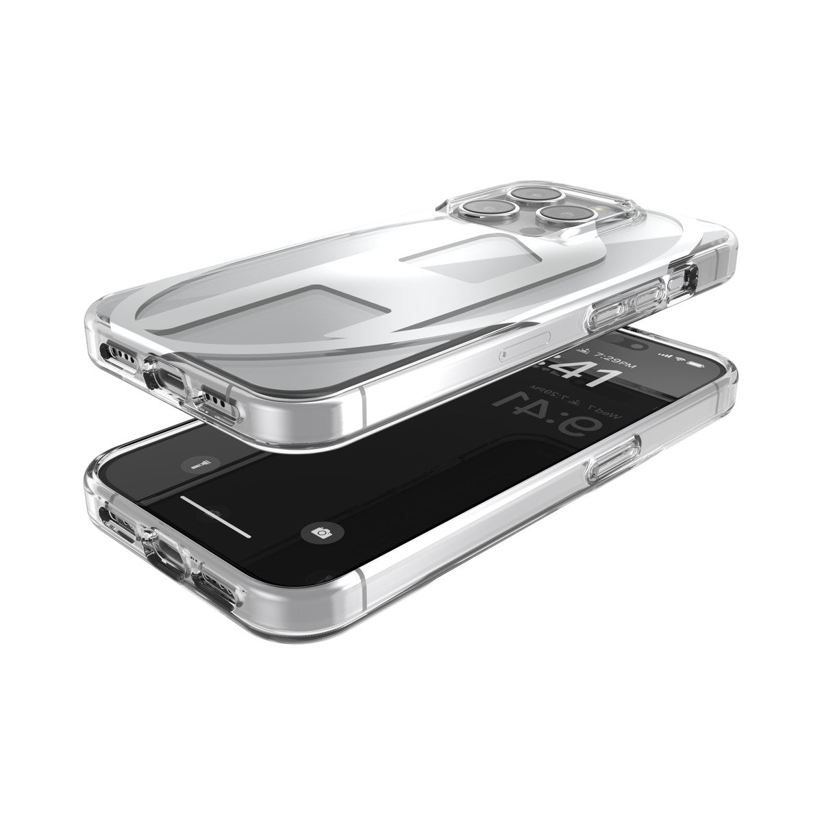 DIESEL iPhone15Proケース Oval D Clear シルバーメタリック