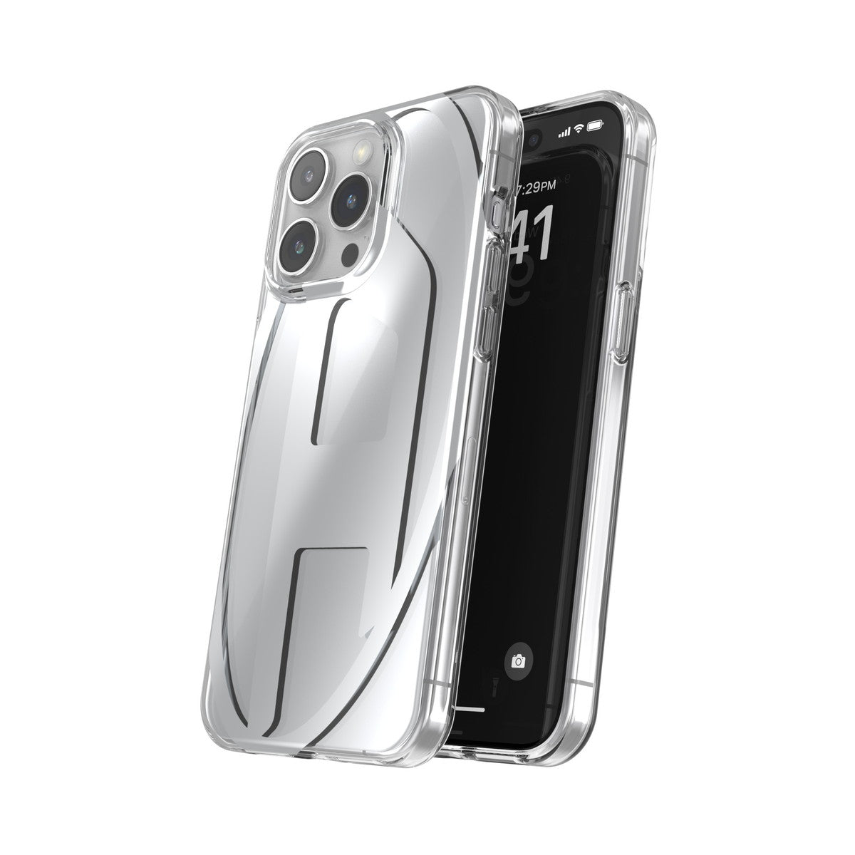 DIESEL iPhone15ProMaxケース Oval D Clear シルバーメタリック