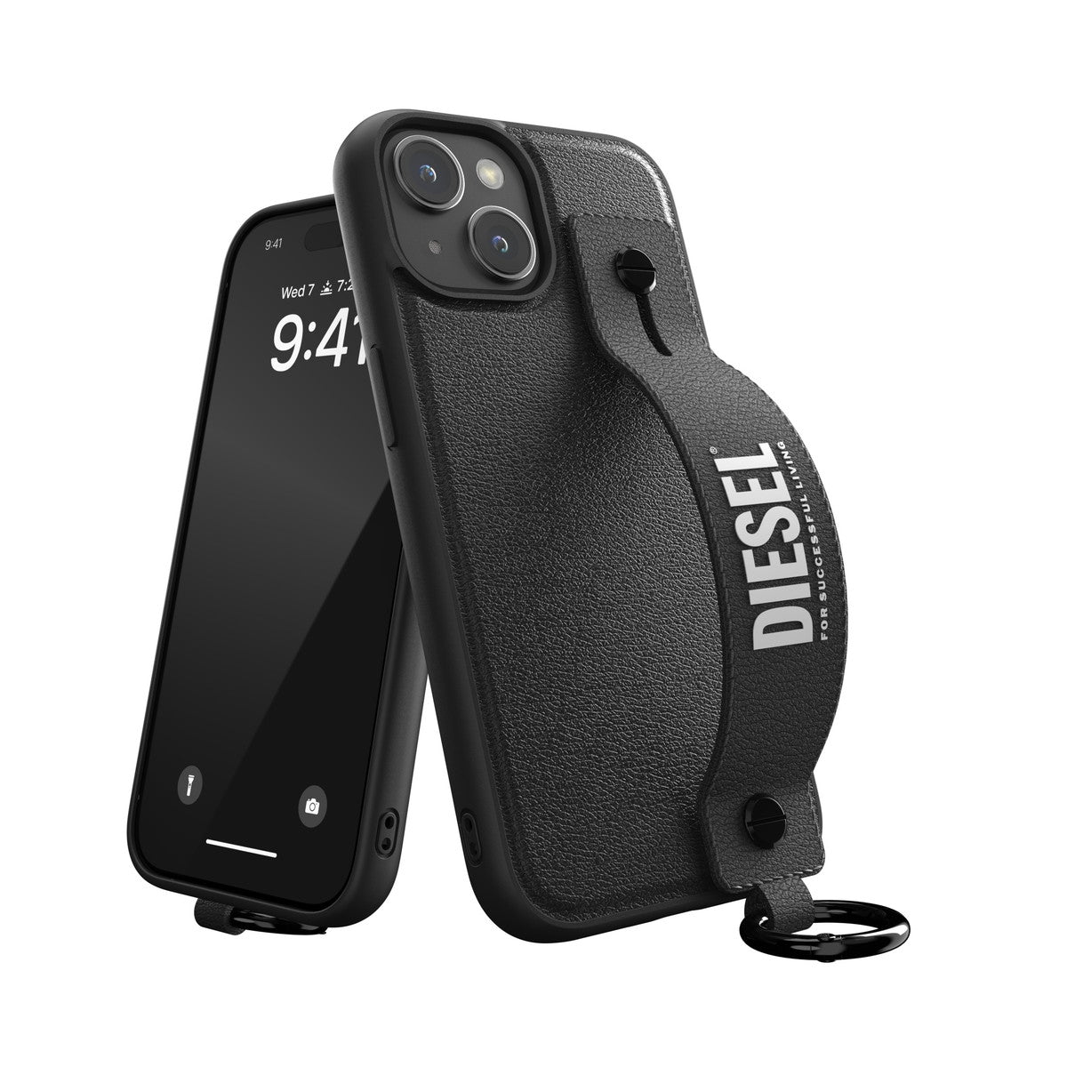 DIESEL[ディーゼル] iPhone 15 case Leather Handstrap Black スマホケース スマホカバー レザー風 ハンドストラップ グリップバンド スタンド機能 リング付 ブラック ≪特価！≫ (54177) ブラック