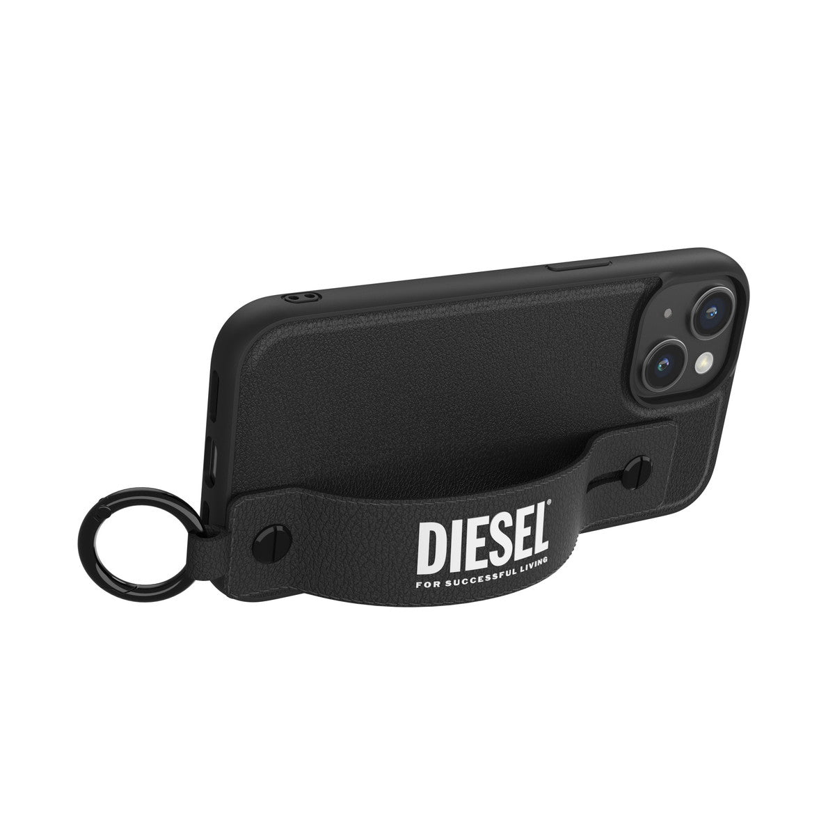 DIESEL[ディーゼル] iPhone 15 case Leather Handstrap Black スマホケース スマホカバー レザー風 ハンドストラップ グリップバンド スタンド機能 リング付 ブラック ≪特価！≫ (54177) ブラック
