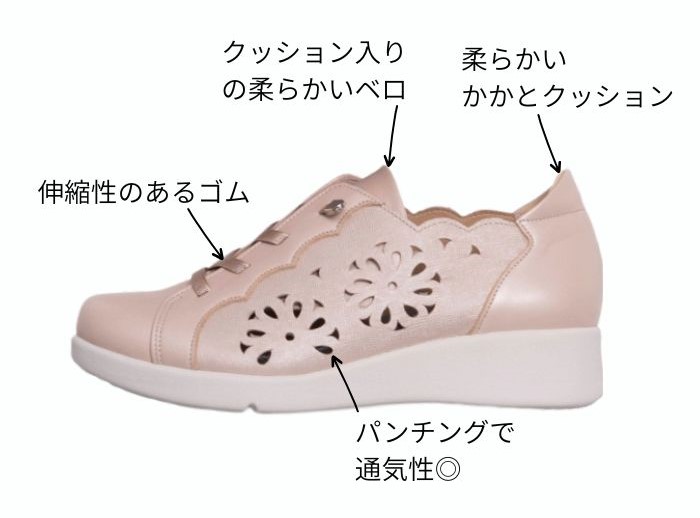 履き口のかかと側やベロの裏側に柔らかいクッションを内蔵し、優しい足当たりに仕上げました。紐は伸縮性があるため、サッと履けて足に心地よくフィットします。